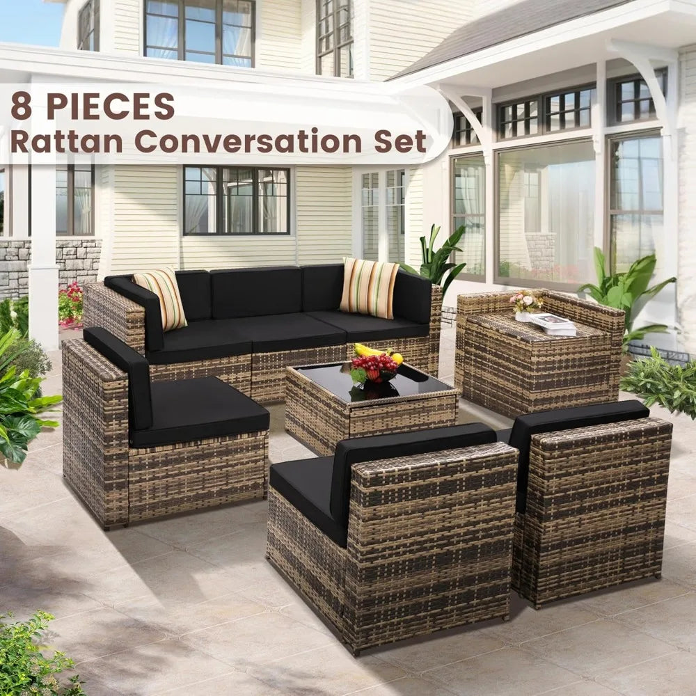 8 Piece Outdoor Wicker Patio Furniture Sectional Set, Glass Tabletop with Hidden Storage