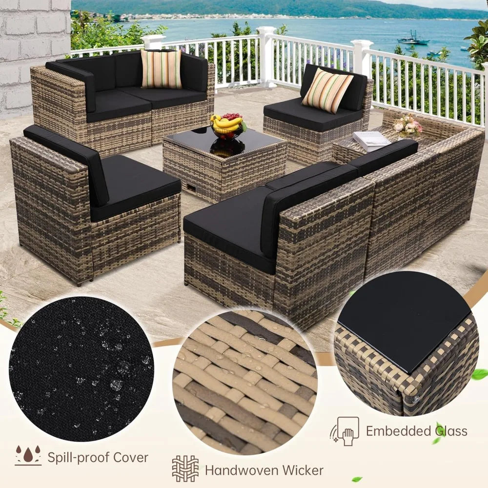 8 Piece Outdoor Wicker Patio Furniture Sectional Set, Glass Tabletop with Hidden Storage