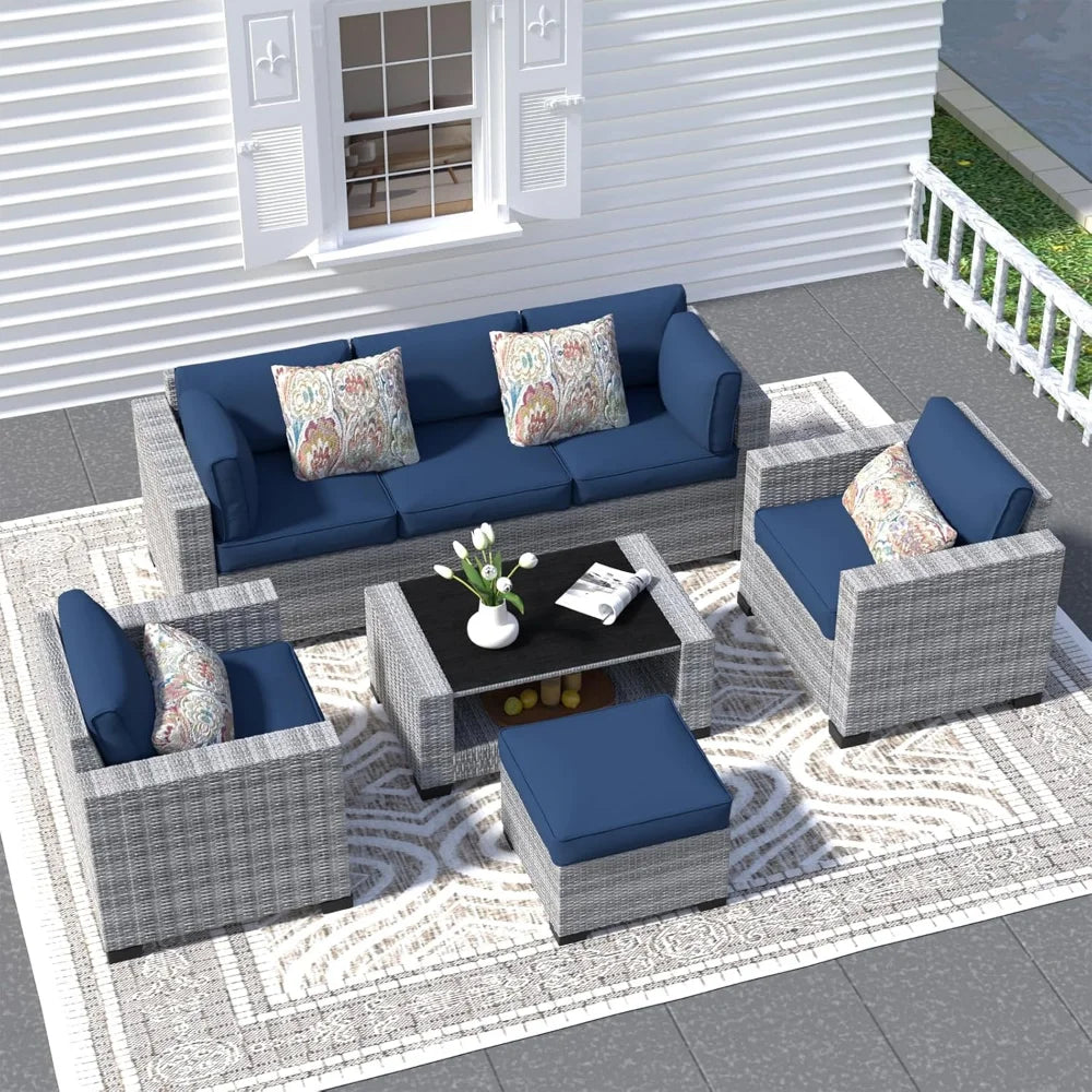 Wicker Outdoor Sectional Sofa with Washable Cushion Covers and Tempered Glass Table