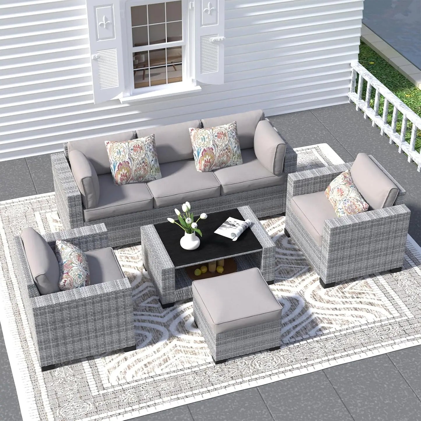 Wicker Outdoor Sectional Sofa with Washable Cushion Covers and Tempered Glass Table
