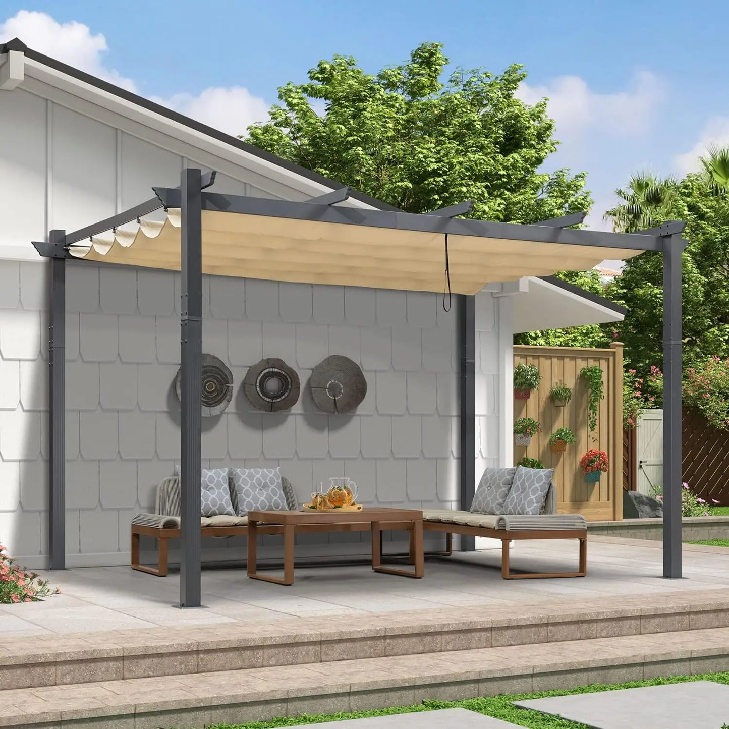 Outdoor Pergola with Retractable Canopy Aluminum Shelter for Porch