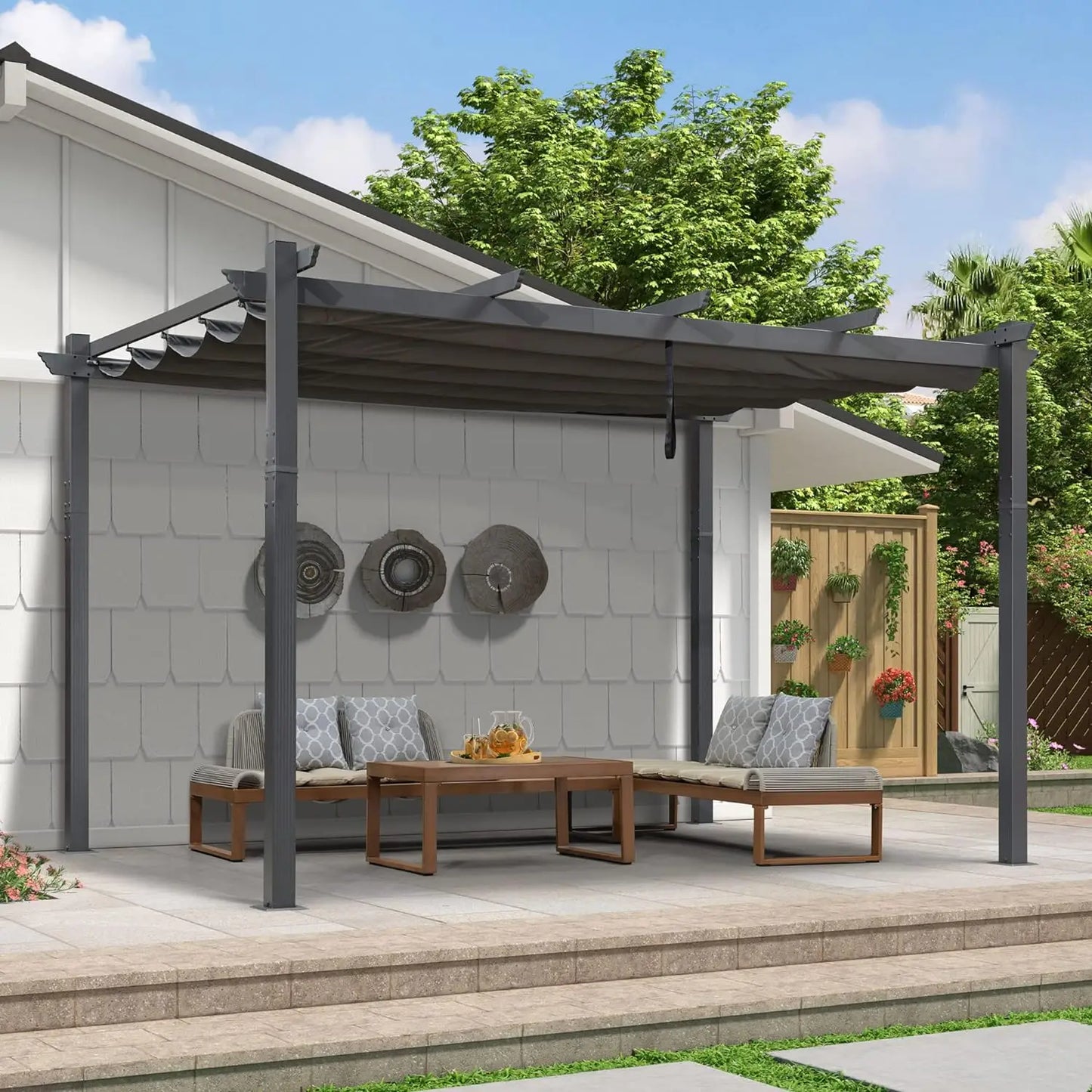 Outdoor Pergola with Retractable Canopy Aluminum Shelter for Porch