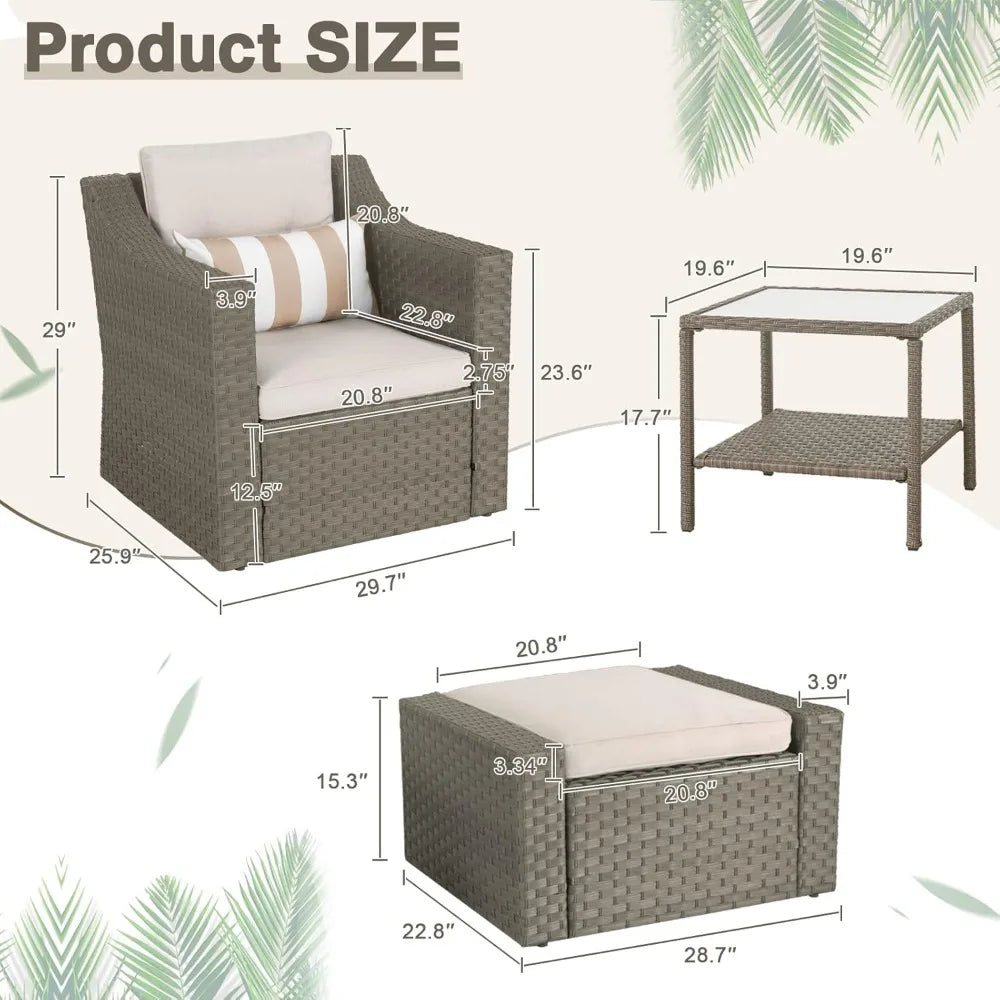 Grey Wicker Lounge Chair with Ottoman Footrest, W/Coffee Table & Cushions