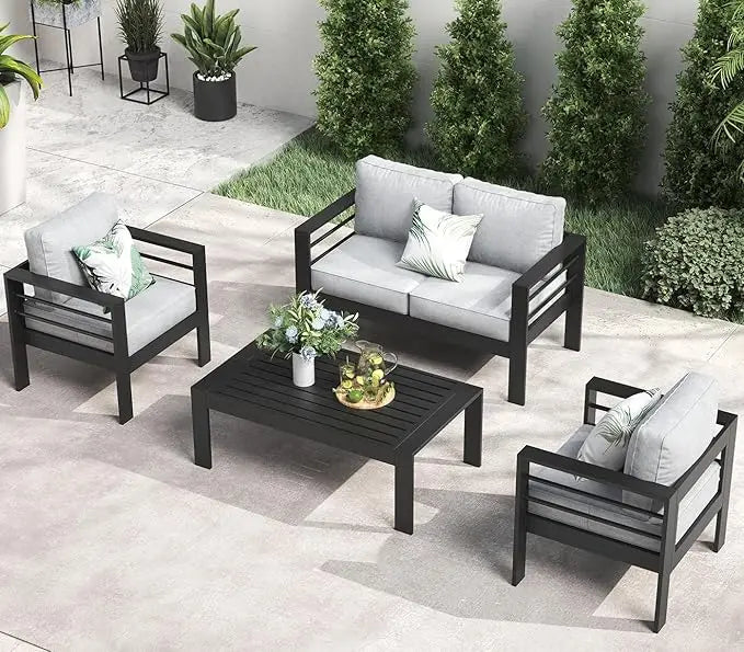 Aluminum Furniture with Fire Pit Table, 5 Pieces Patio Sectional Conversation Chat Sofa
