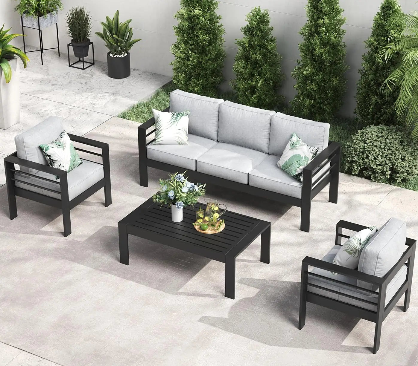 Aluminum Furniture with Fire Pit Table, 5 Pieces Patio Sectional Conversation Chat Sofa