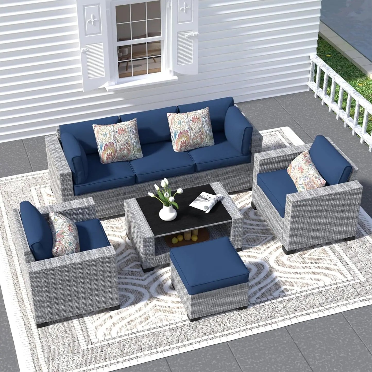 Wicker Outdoor Sectional Sofa with Washable Cushion Covers and Tempered Glass Table