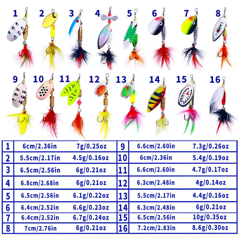 16PCS Spinnerbait Bass Trout Salmon Hard Metal Spinner Kit With Tackle