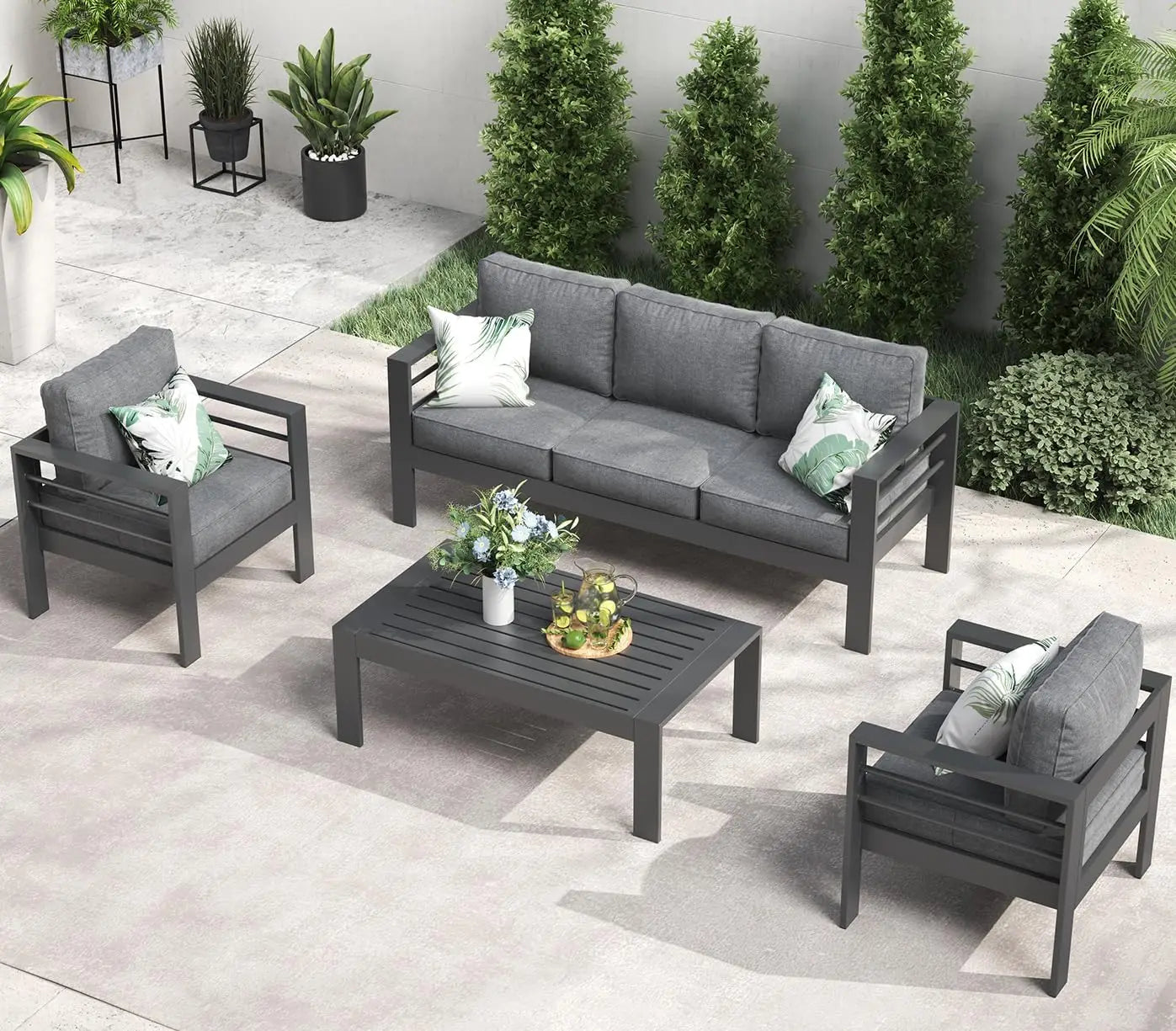 Aluminum Furniture with Fire Pit Table, 5 Pieces Patio Sectional Conversation Chat Sofa