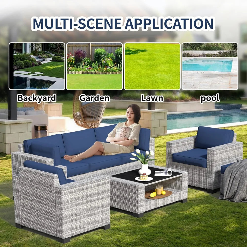Wicker Outdoor Sectional Sofa with Washable Cushion Covers and Tempered Glass Table