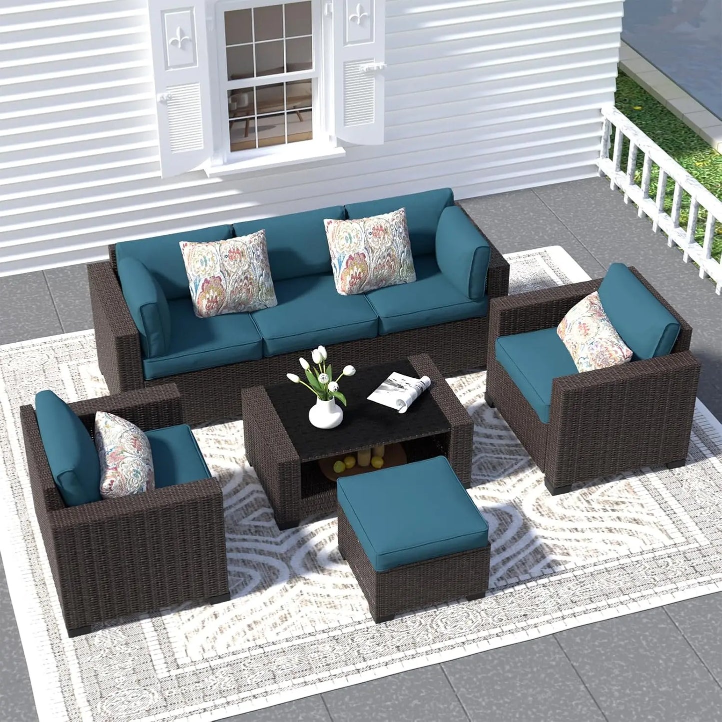 Wicker Outdoor Sectional Sofa with Washable Cushion Covers and Tempered Glass Table
