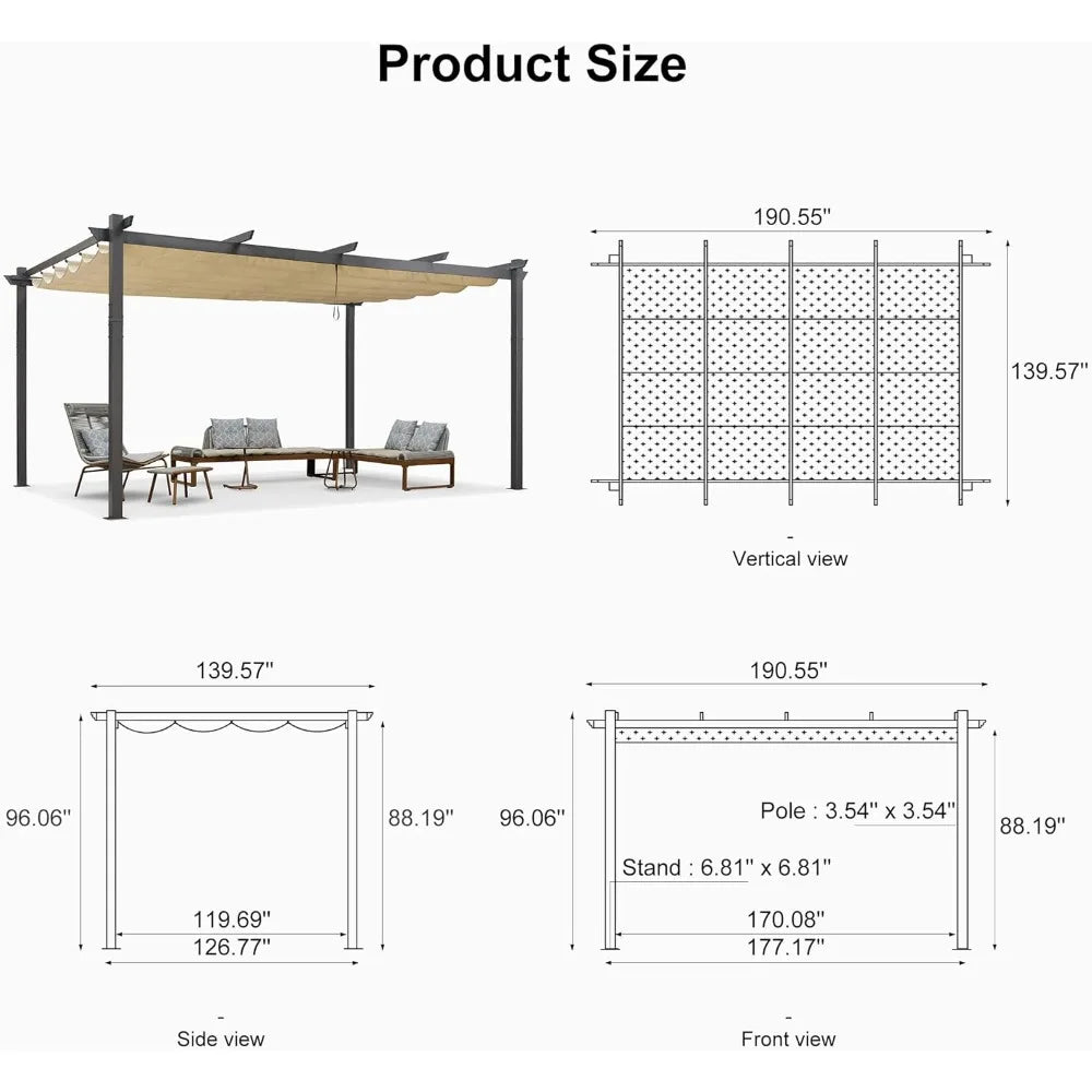 Outdoor Pergola with Retractable Canopy Aluminum Shelter for Porch