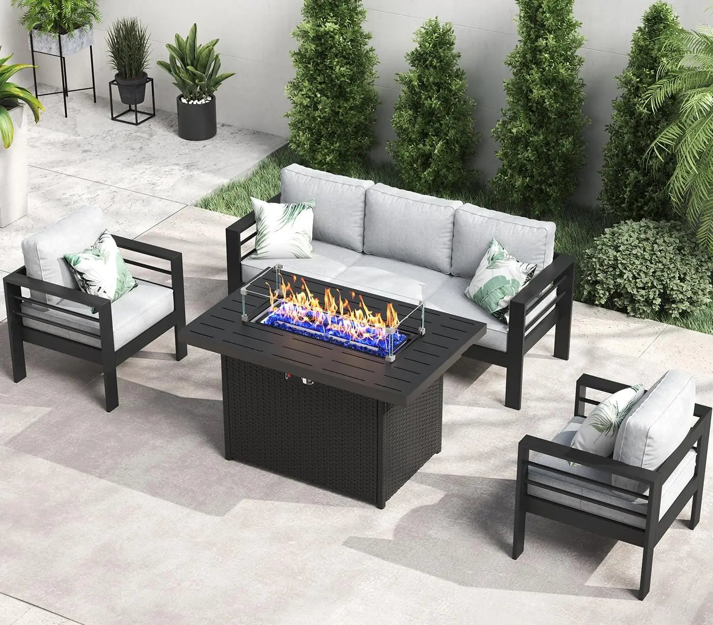 Aluminum Furniture with Fire Pit Table, 5 Pieces Patio Sectional Conversation Chat Sofa