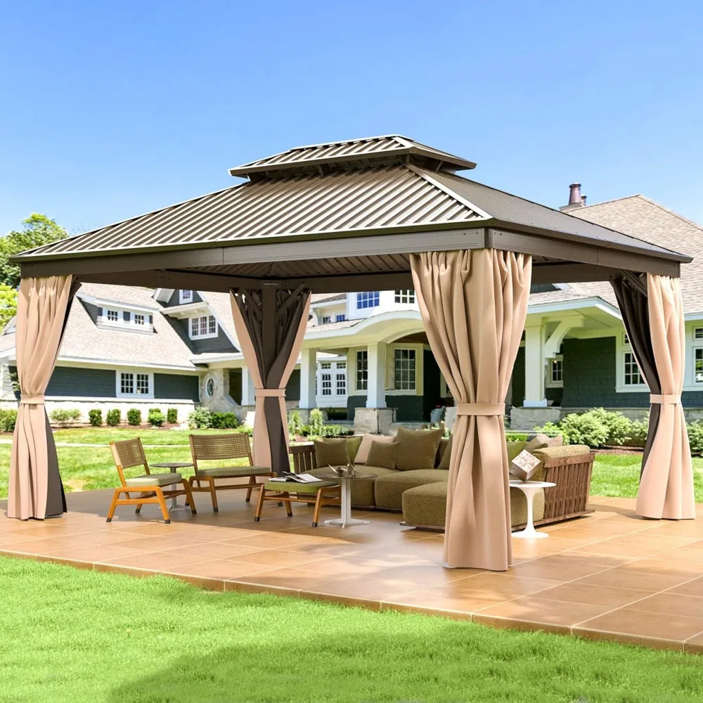 10x12 FT Hardtop Gazebo with Aluminum Frame, Galvanized Steel Double Roof Gazebo