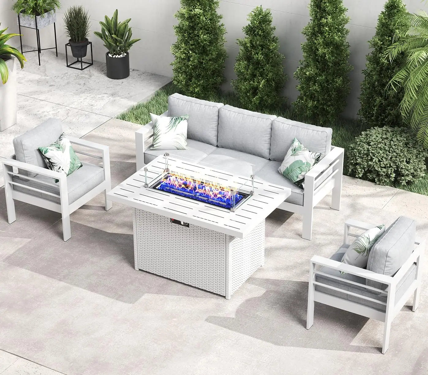 Aluminum Furniture with Fire Pit Table, 5 Pieces Patio Sectional Conversation Chat Sofa