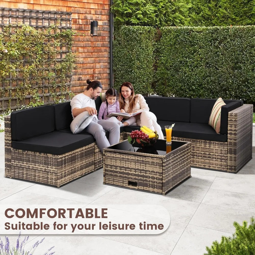 8 Piece Outdoor Wicker Patio Furniture Sectional Set, Glass Tabletop with Hidden Storage