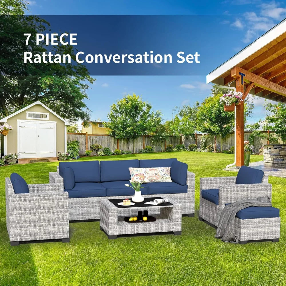 Wicker Outdoor Sectional Sofa with Washable Cushion Covers and Tempered Glass Table