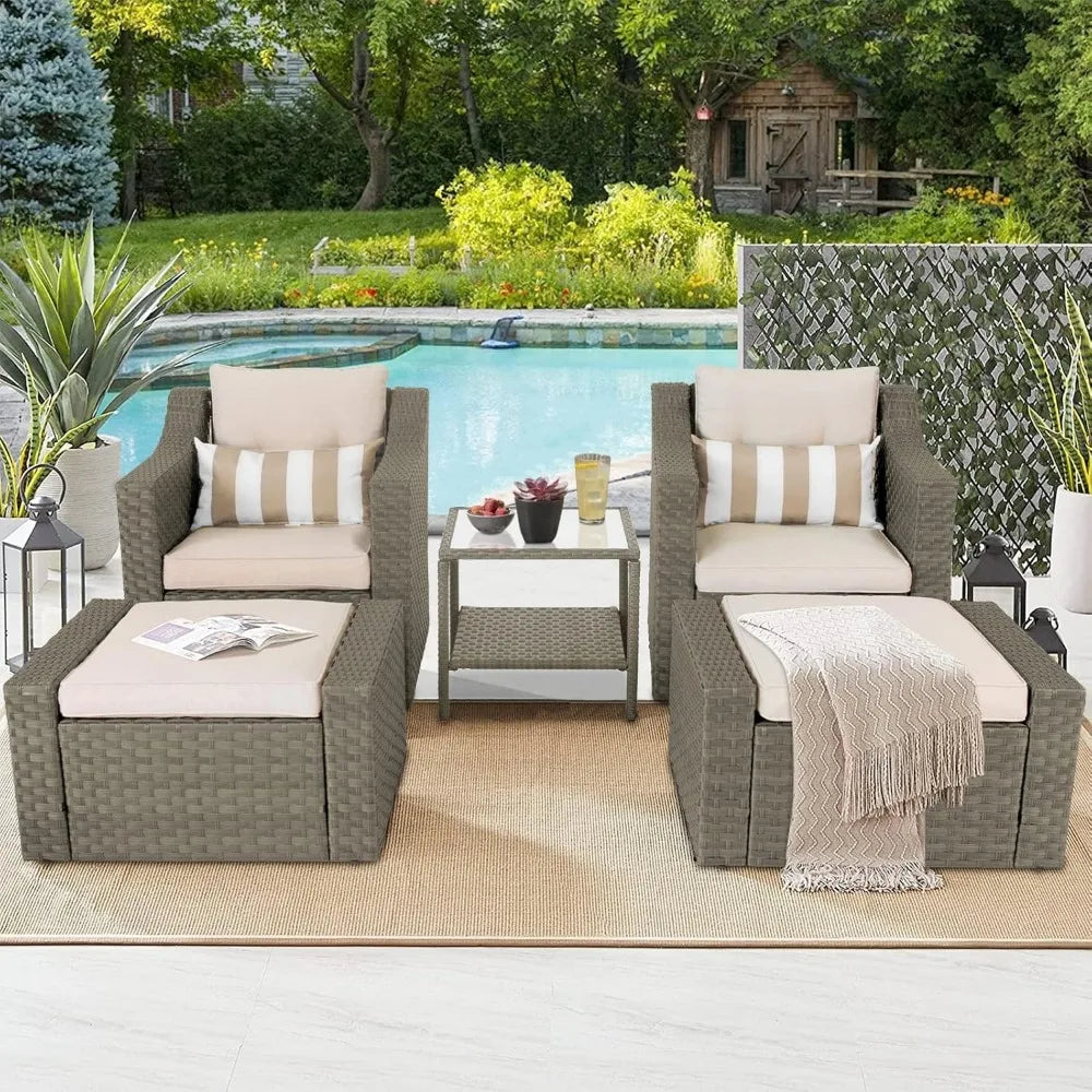 Grey Wicker Lounge Chair with Ottoman Footrest, W/Coffee Table & Cushions