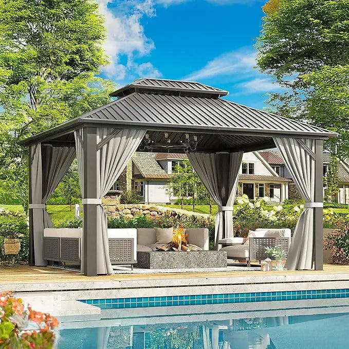 10x12 FT Hardtop Gazebo with Aluminum Frame, Galvanized Steel Double Roof Gazebo