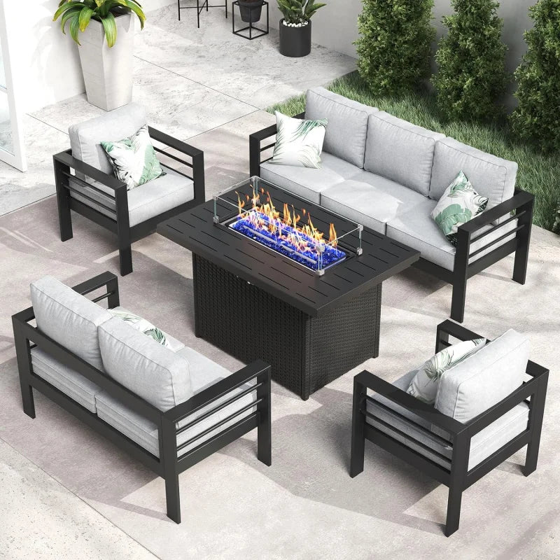 Aluminum Furniture with Fire Pit Table, 5 Pieces Patio Sectional Conversation Chat Sofa