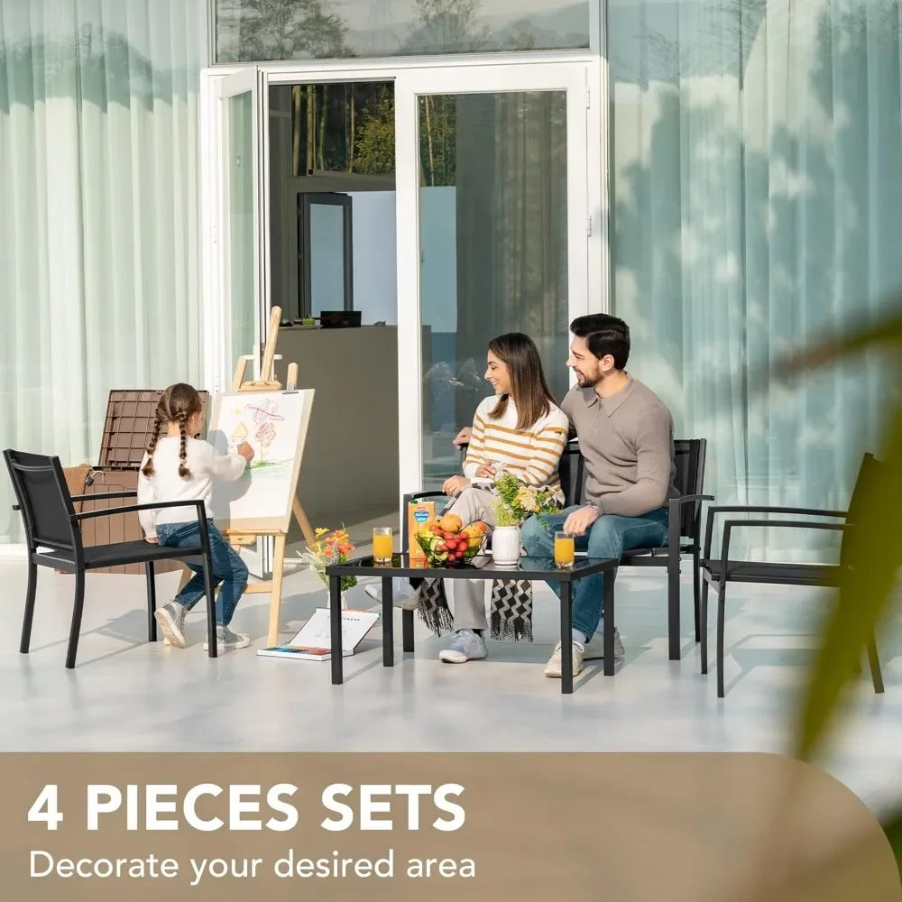 4 Pieces Patio Furniture Lawn Chairs with Glass Coffee Table