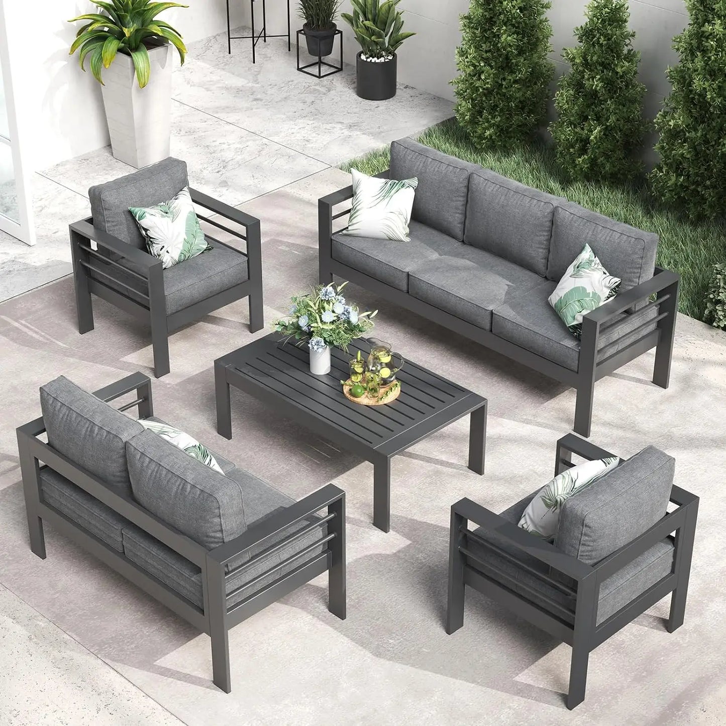 Aluminum Furniture with Fire Pit Table, 5 Pieces Patio Sectional Conversation Chat Sofa
