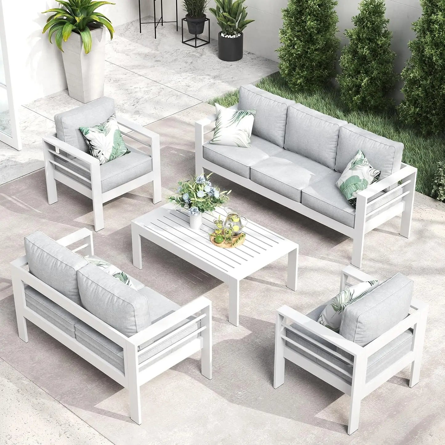 Aluminum Furniture with Fire Pit Table, 5 Pieces Patio Sectional Conversation Chat Sofa