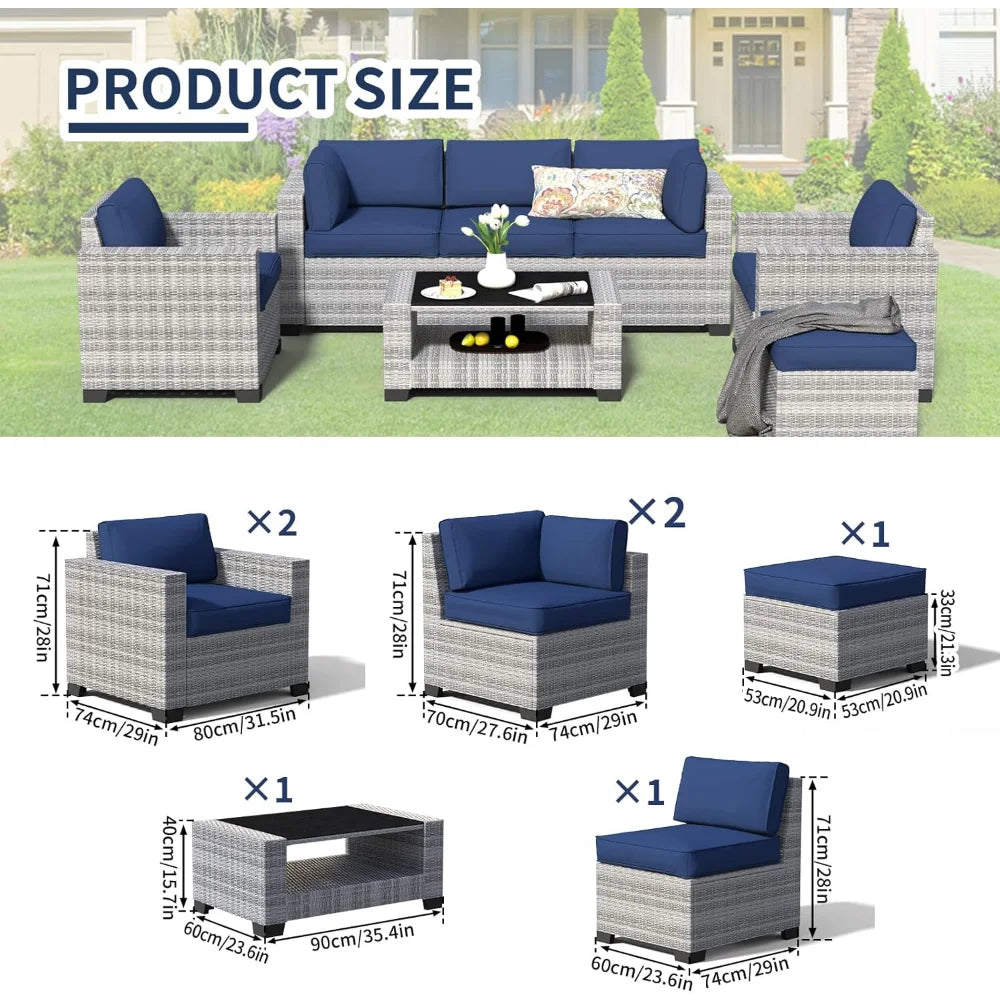 Wicker Outdoor Sectional Sofa with Washable Cushion Covers and Tempered Glass Table