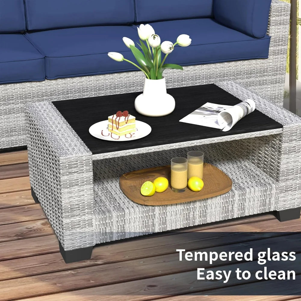 Wicker Outdoor Sectional Sofa with Washable Cushion Covers and Tempered Glass Table