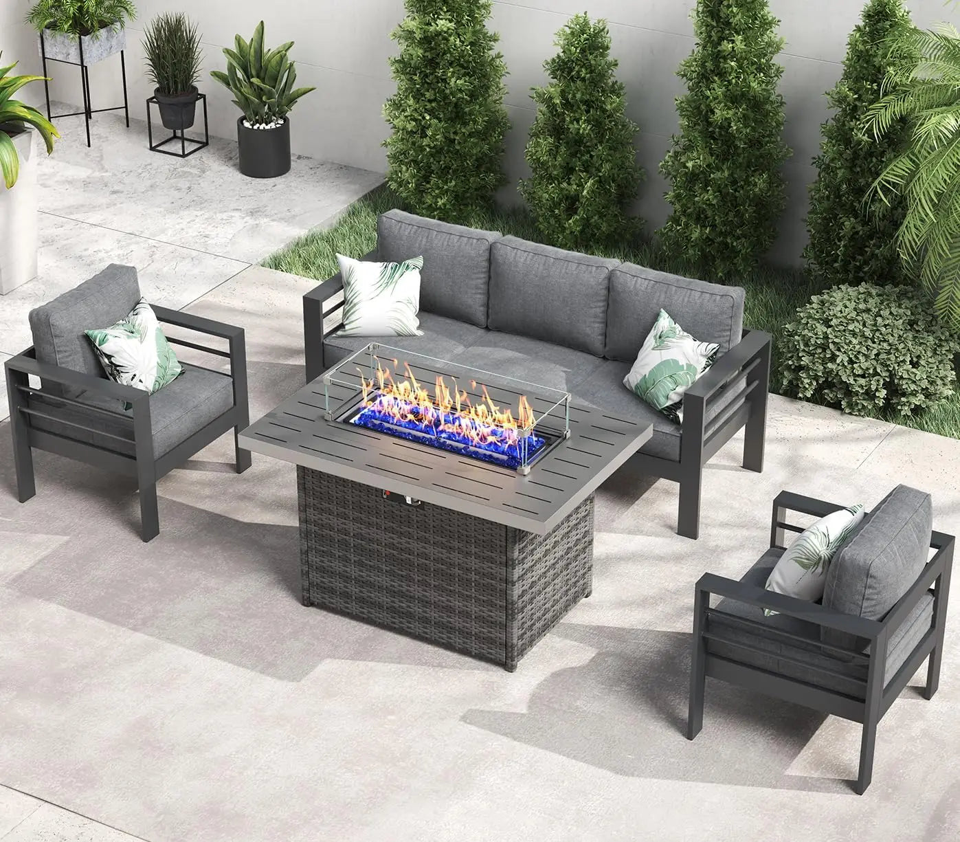 Aluminum Furniture with Fire Pit Table, 5 Pieces Patio Sectional Conversation Chat Sofa