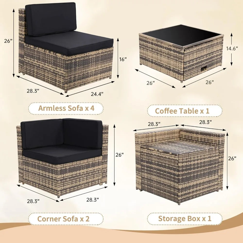 8 Piece Outdoor Wicker Patio Furniture Sectional Set, Glass Tabletop with Hidden Storage
