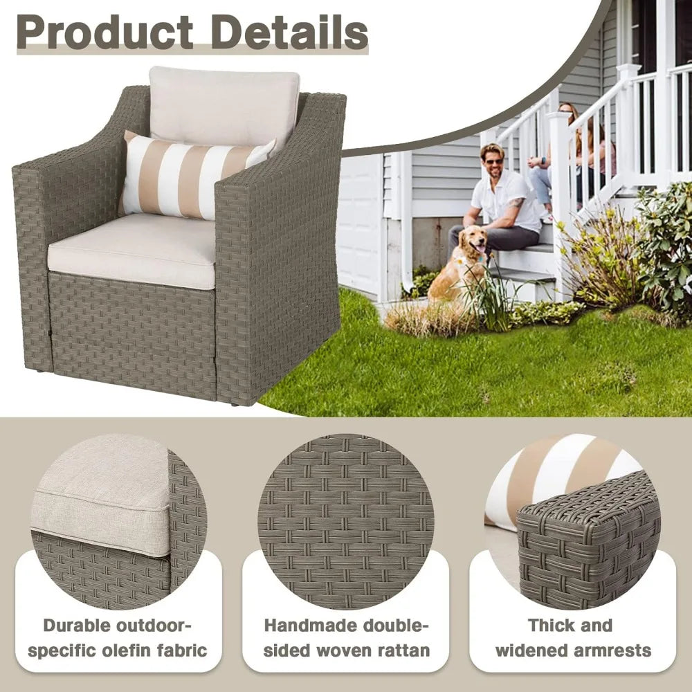 Grey Wicker Lounge Chair with Ottoman Footrest, W/Coffee Table & Cushions