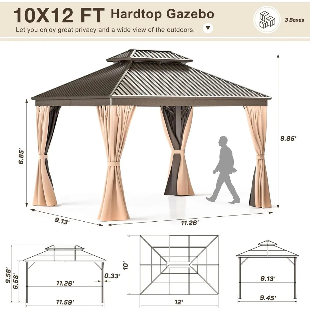 10x12 FT Hardtop Gazebo with Aluminum Frame, Galvanized Steel Double Roof Gazebo