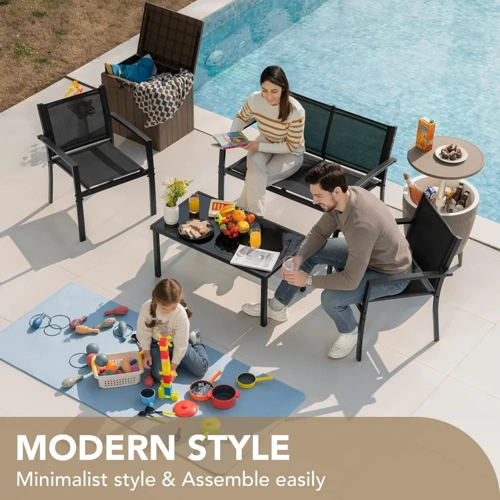 4 Pieces Patio Furniture Lawn Chairs with Glass Coffee Table