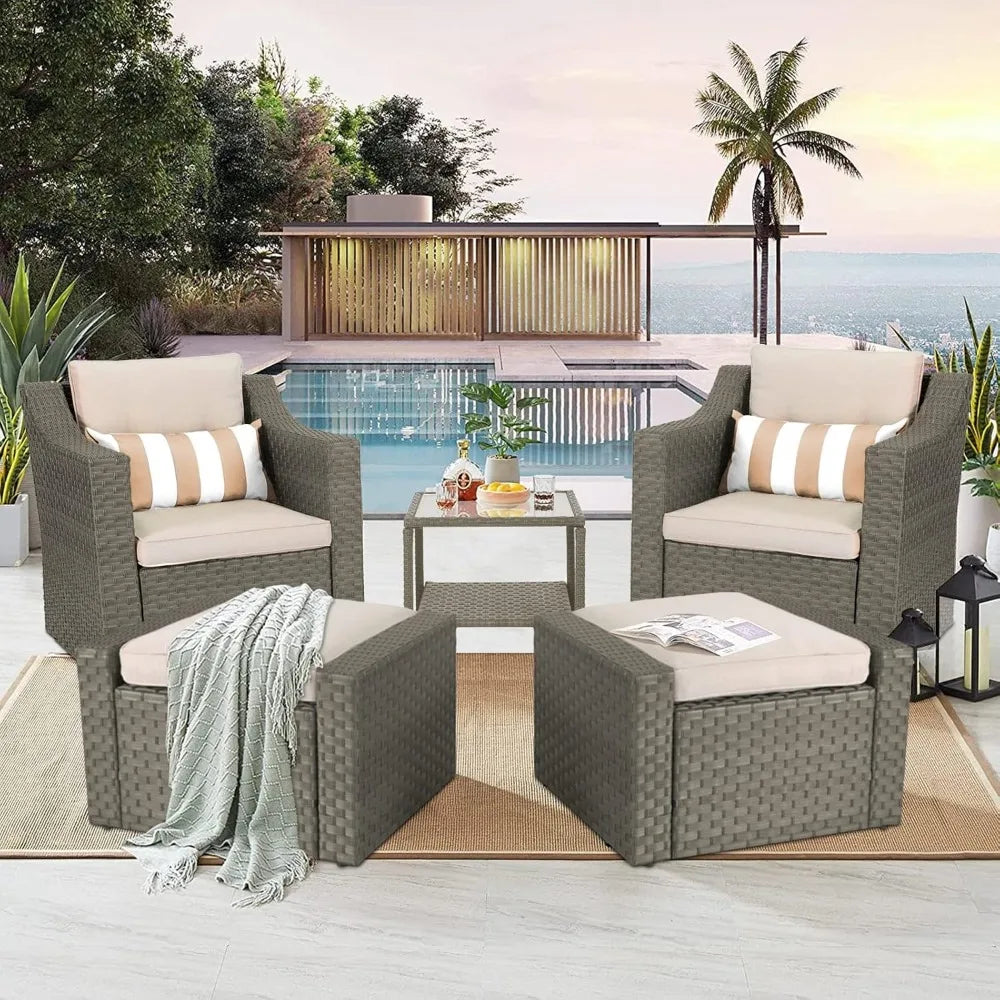 Grey Wicker Lounge Chair with Ottoman Footrest, W/Coffee Table & Cushions
