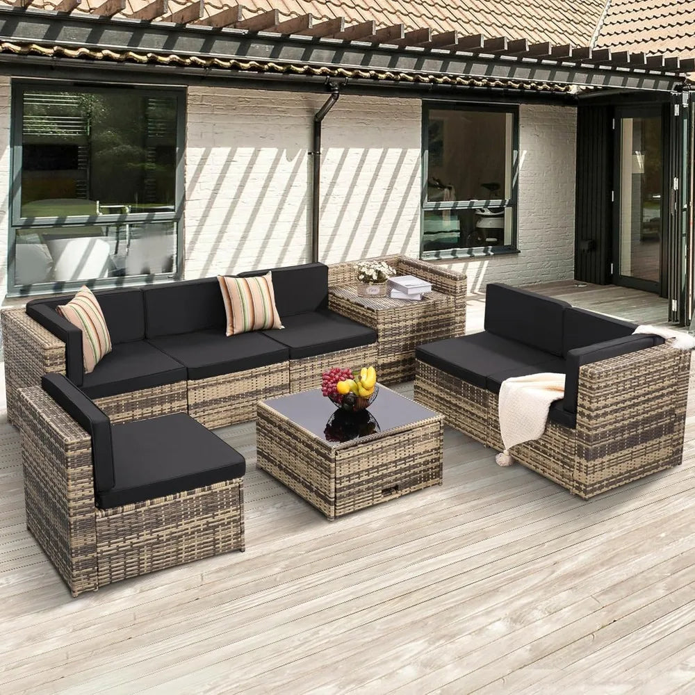 8 Piece Outdoor Wicker Patio Furniture Sectional Set, Glass Tabletop with Hidden Storage