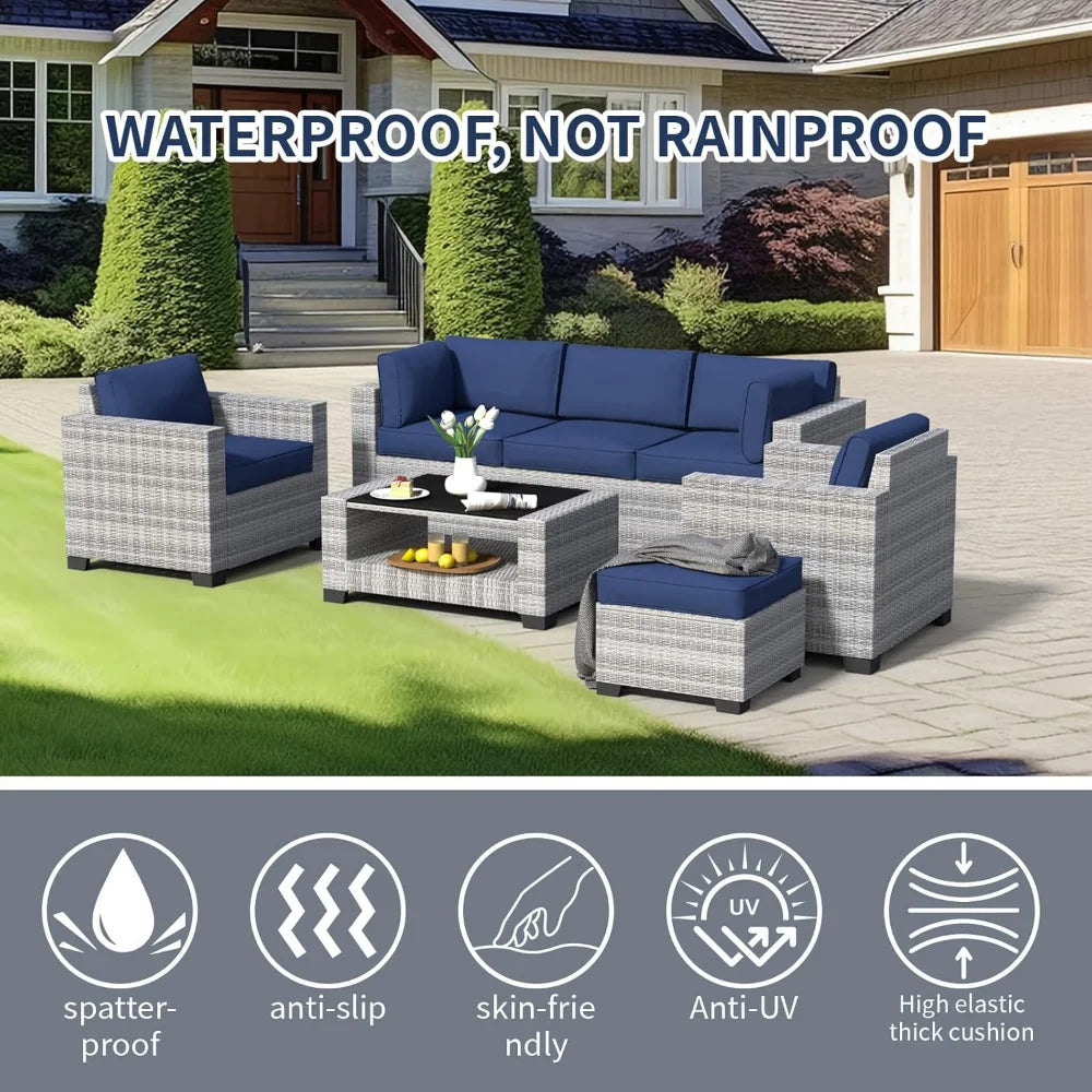 Wicker Outdoor Sectional Sofa with Washable Cushion Covers and Tempered Glass Table