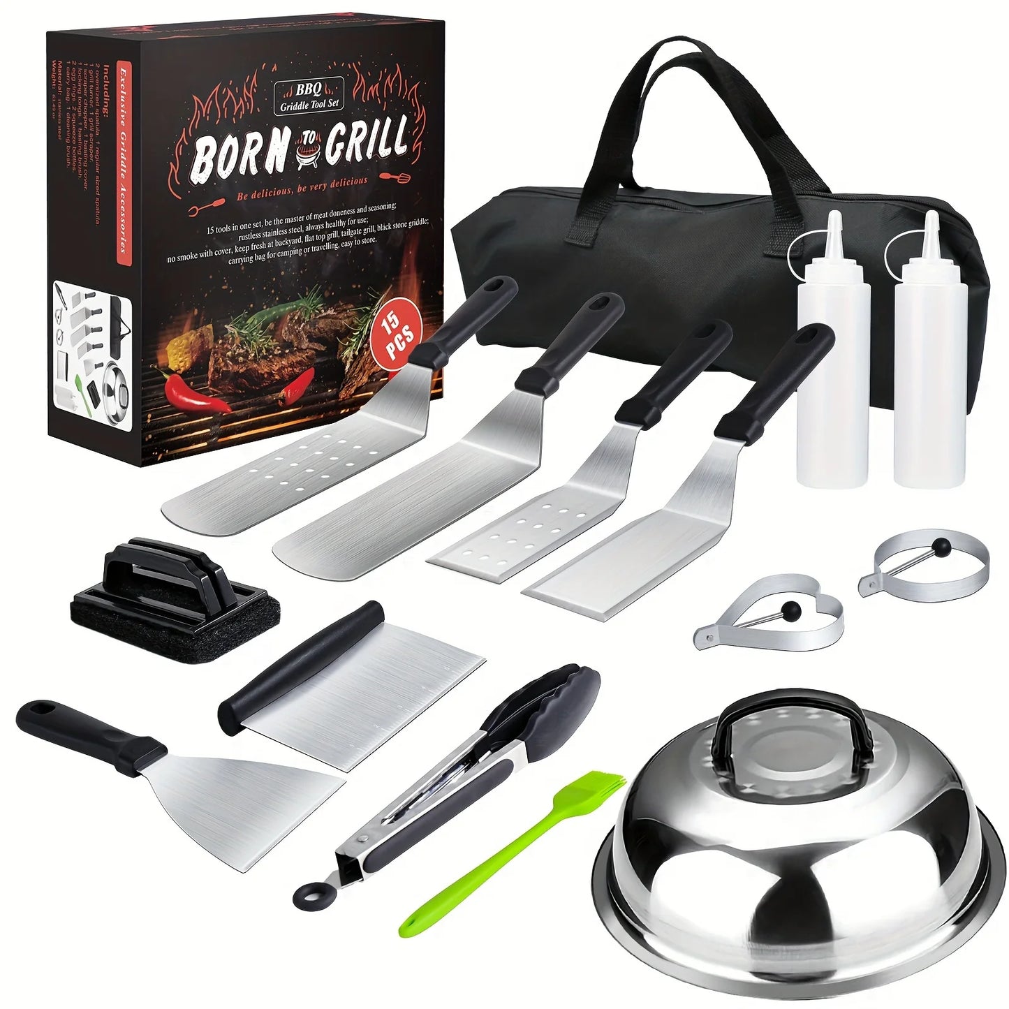 15-Piece Flat Top Grill Tool Set for Blackstone and Camping, Stainless Steel Accessory