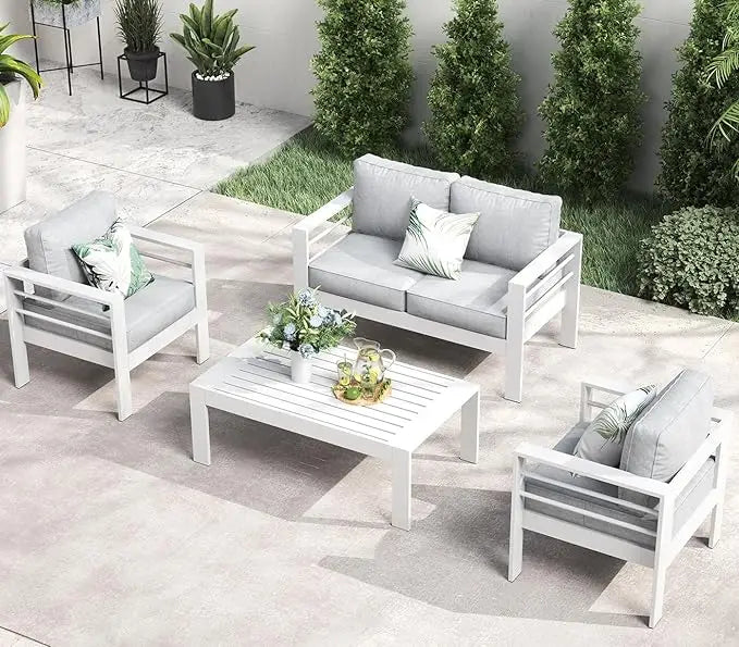 Aluminum Furniture with Fire Pit Table, 5 Pieces Patio Sectional Conversation Chat Sofa