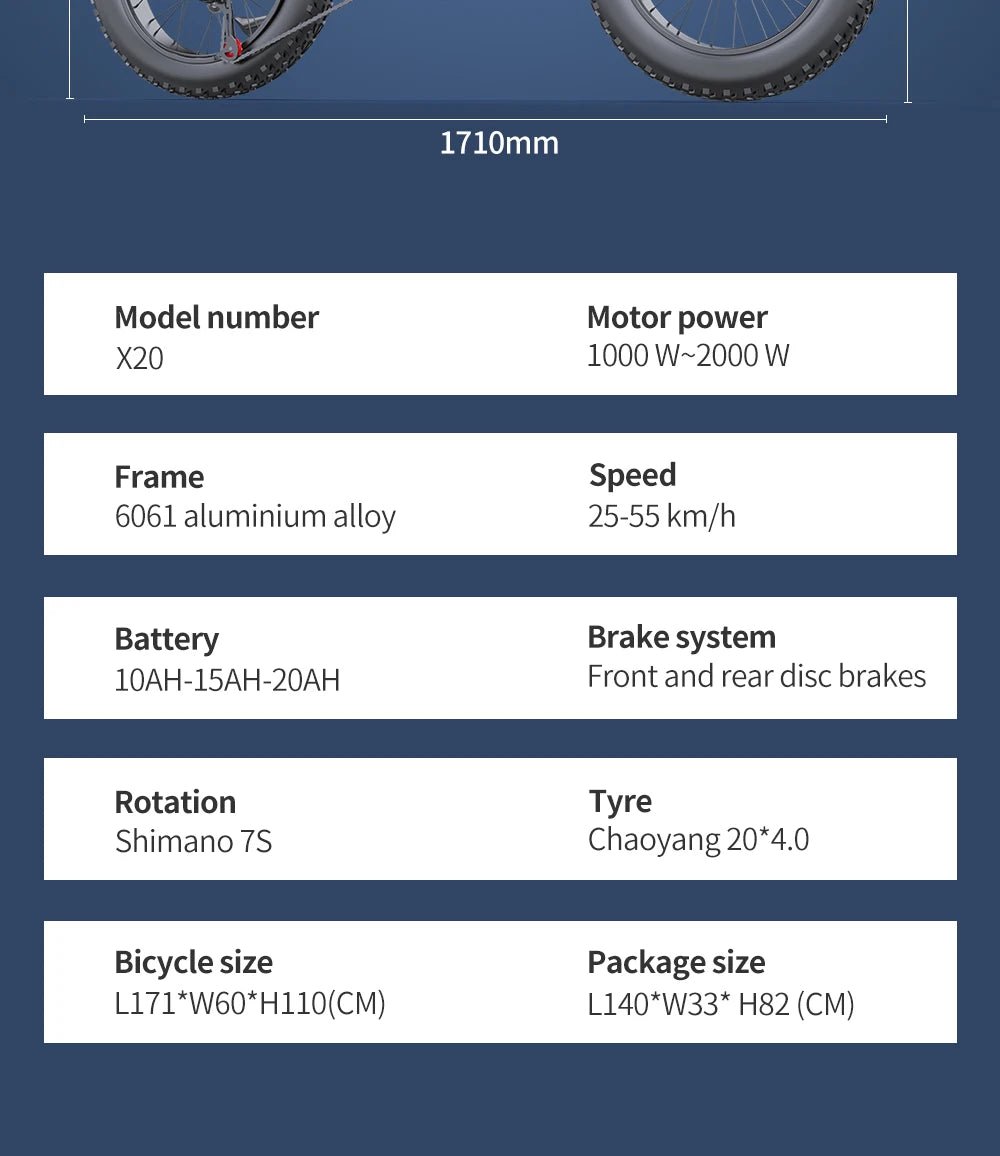 Electric Bike Moped 20 Inch Fat Tire 2000W 48V 10AH Road Aluminum