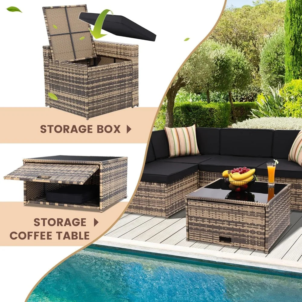 8 Piece Outdoor Wicker Patio Furniture Sectional Set, Glass Tabletop with Hidden Storage