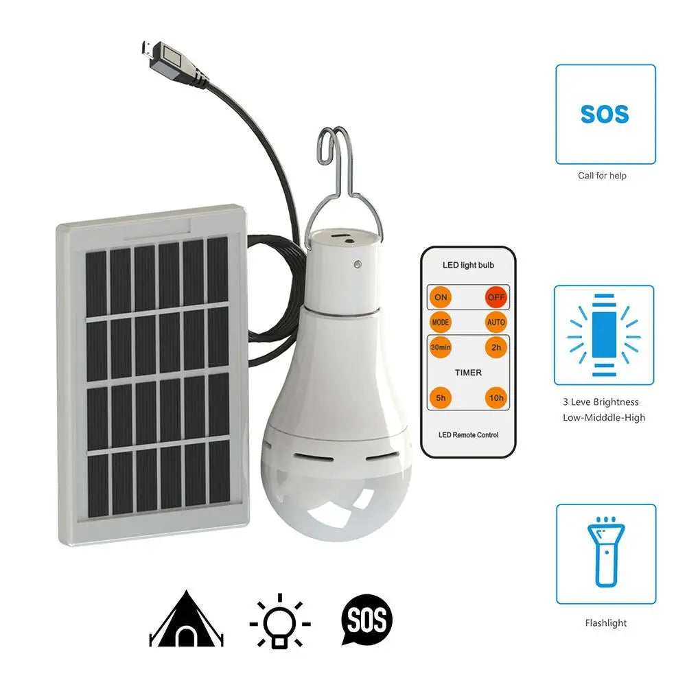 5 Modes 20 COB LED Solar Light Bulb Portable Hang USB Rechargeable Energy