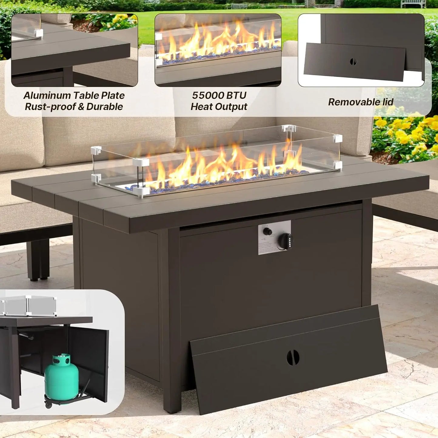 15 Pieces Metal Patio Furniture Set with Propane Fire Pit Table ,w/55000 BTU w/5.1'' Sponge Cushions