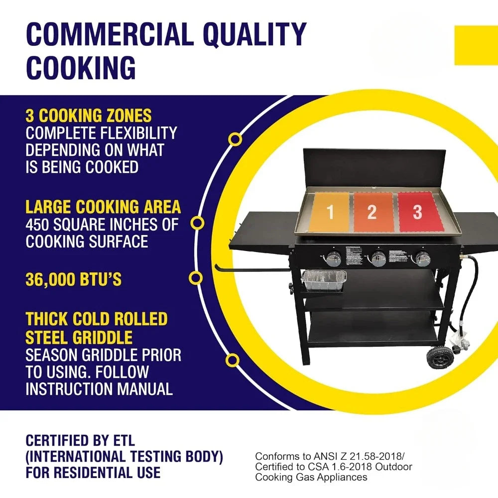 Outdoor Griddle Propane Gas Flat Top - Hood Included, 4 Shelves, Large Cooking Area