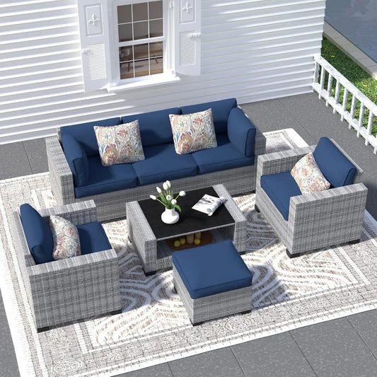 Wicker Outdoor Sectional Sofa with Washable Cushion Covers and Tempered Glass Table