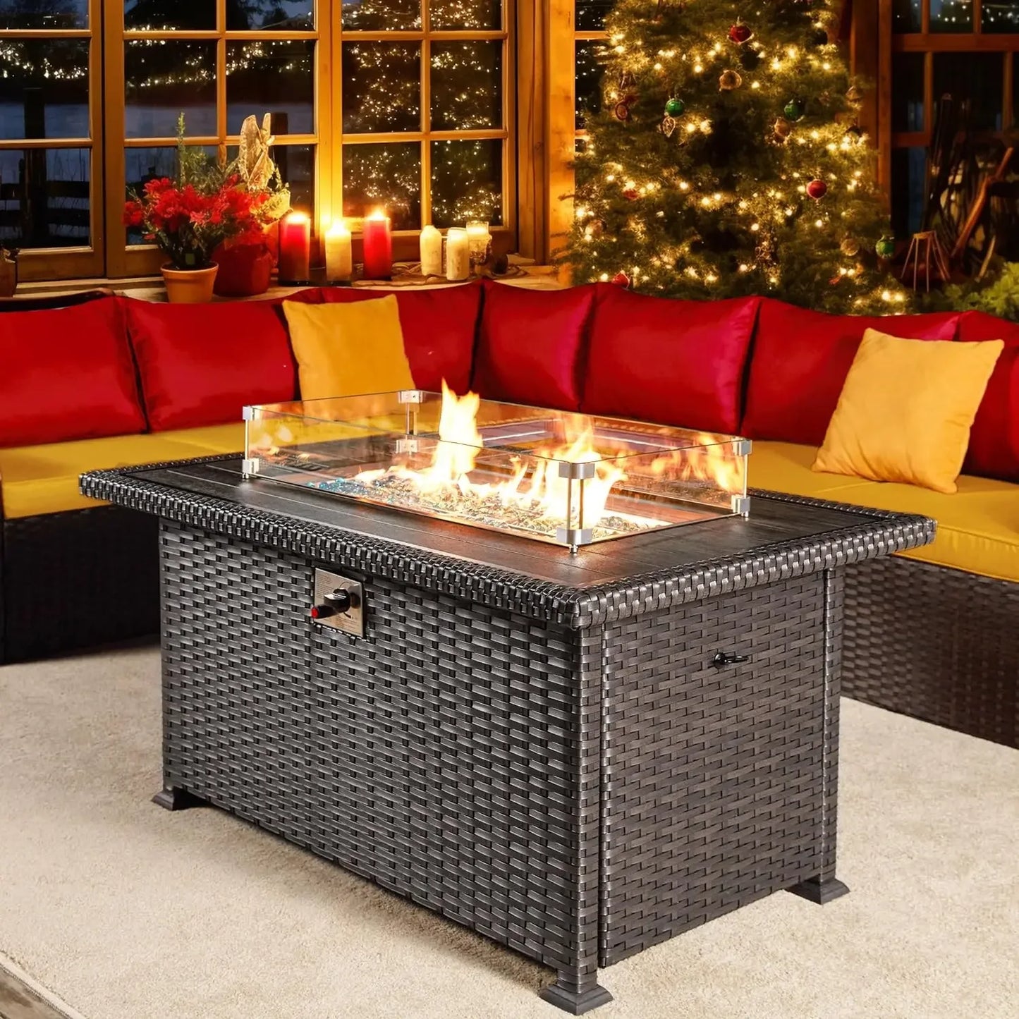 Outdoor Propane Gas Fire Pit Table, 50000 BTU Auto-Ignition Gas with Glass Wind Guard