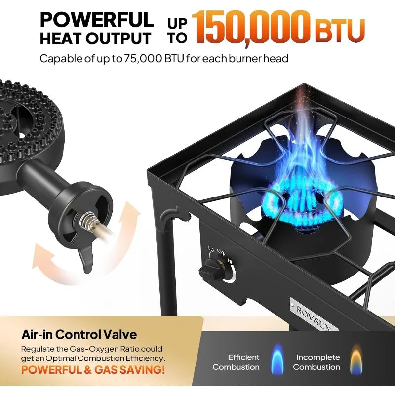 2 Burner Outdoor Propane Gas Stove 150,000 BTU High Pressure Stand Cooker