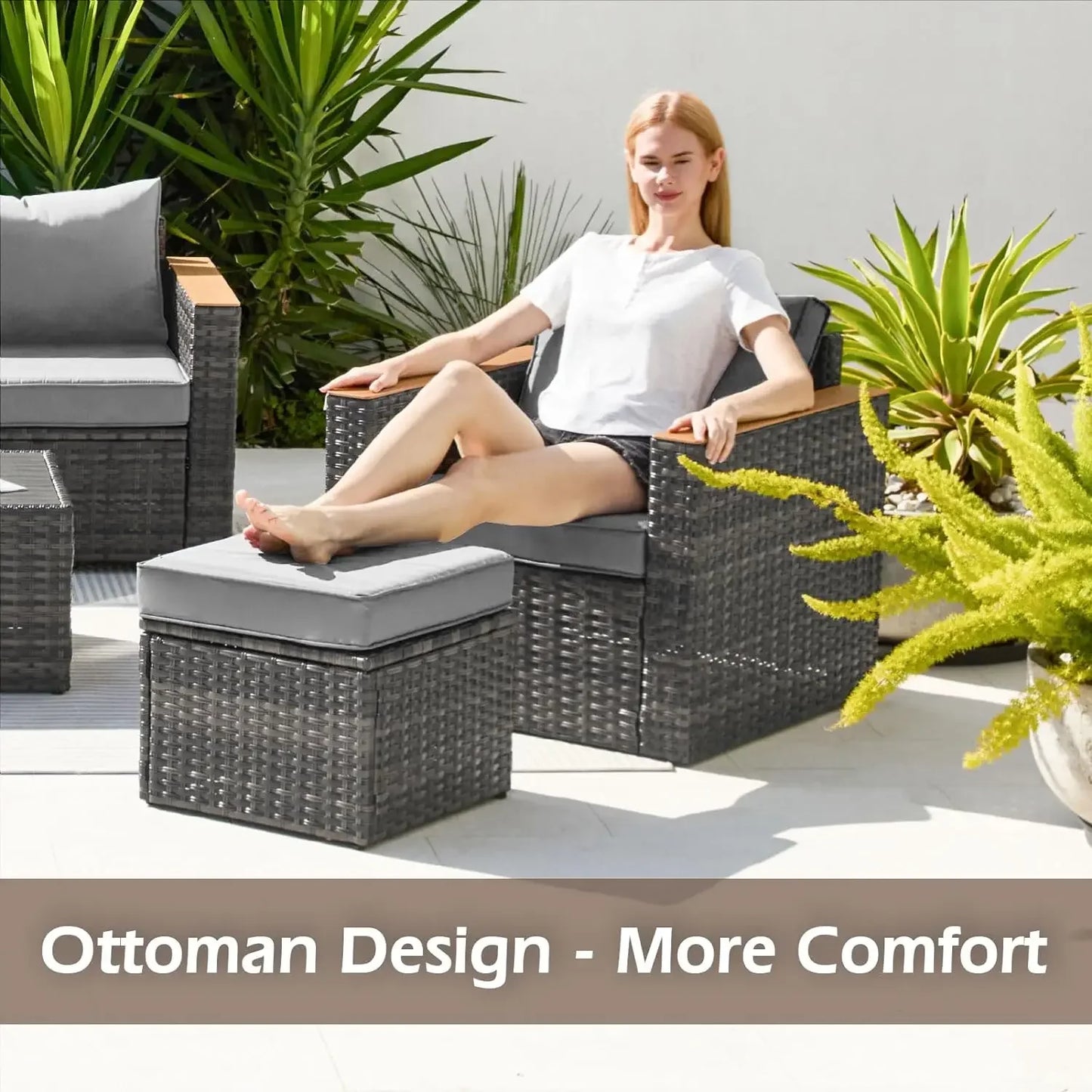 Exclusive Quick Install Patio Furniture Set w/Ottoman, Durable Wicker