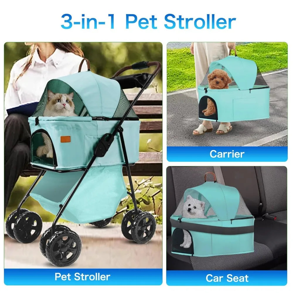 3 in 1 Multifunction Pet Travel System 4 Wheel Foldable Pet Stroller with Storage Basket