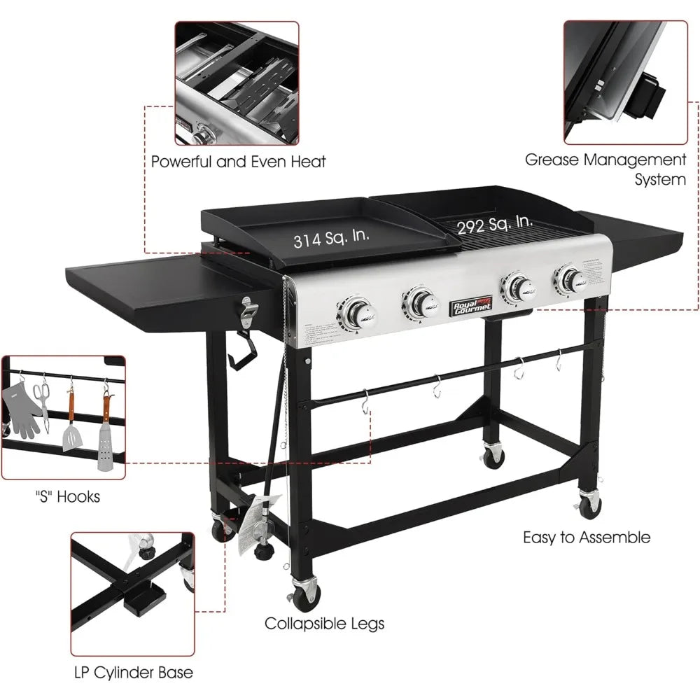 Portable Propane Gas Grill and Griddle Combo With Side Table | 4-Burner Blackdeer Folding Legs