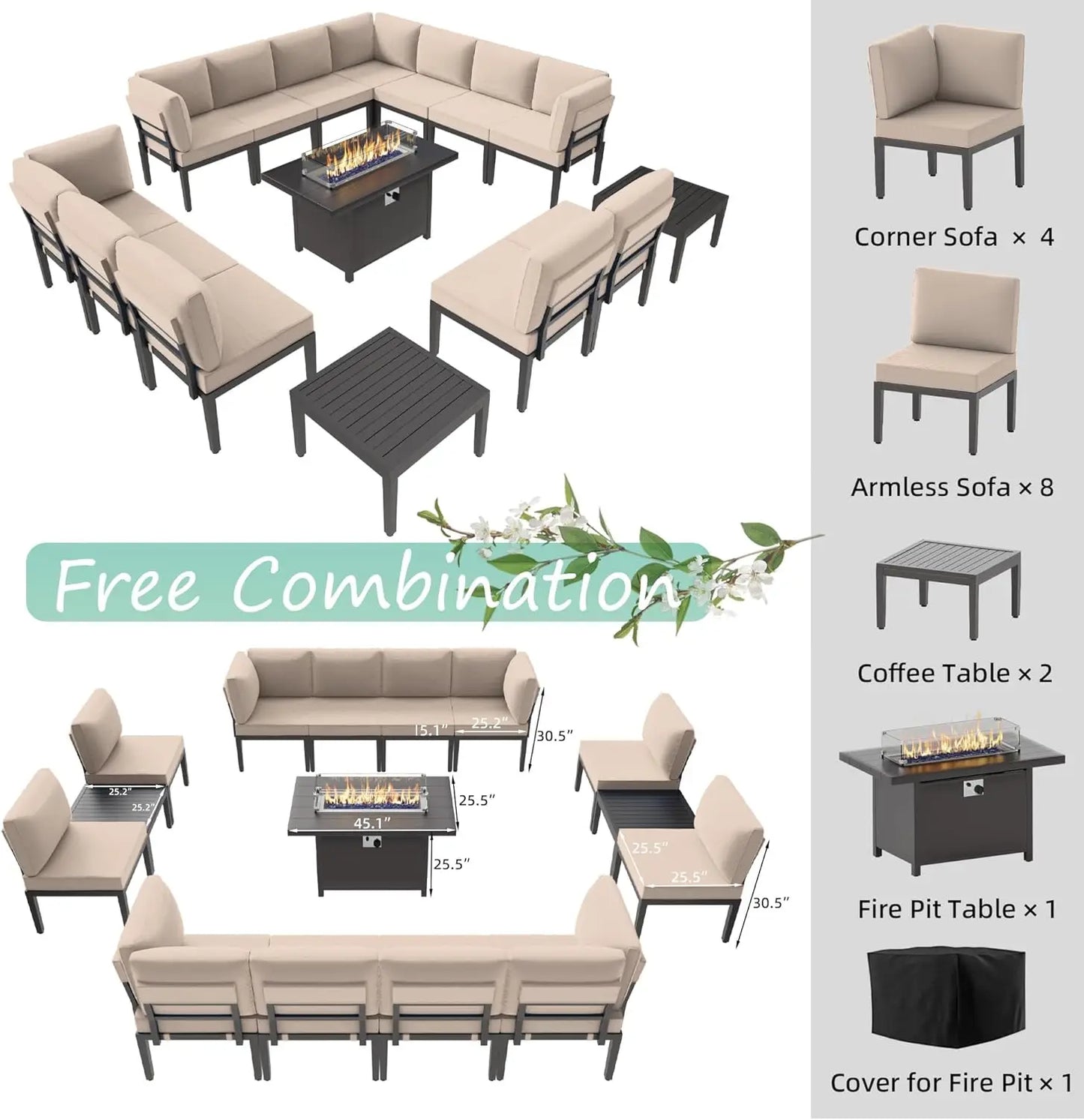 15 Pieces Metal Patio Furniture Set with Propane Fire Pit Table ,w/55000 BTU w/5.1'' Sponge Cushions